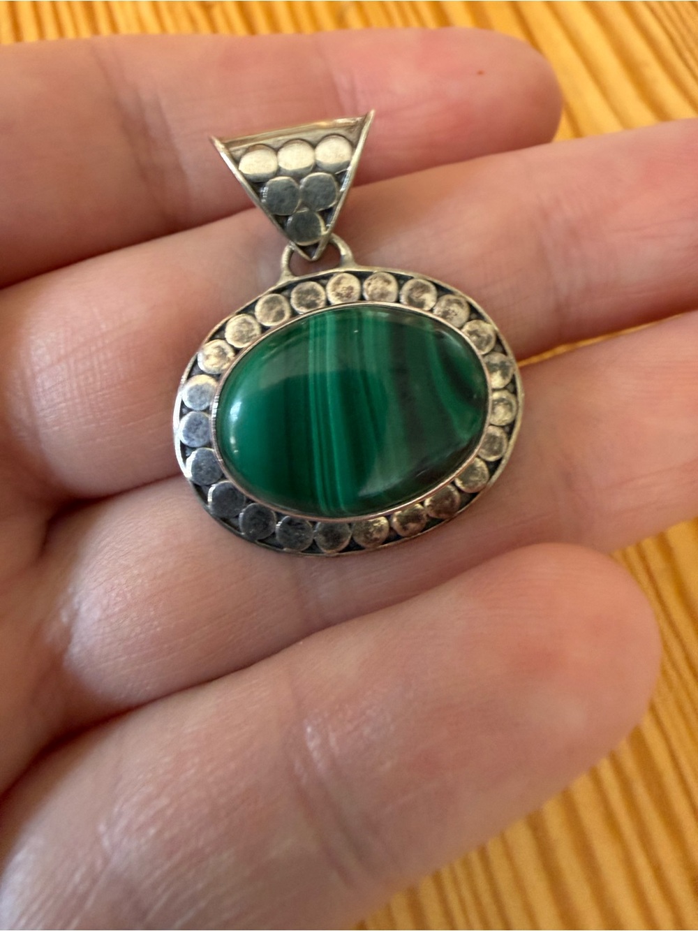 925 Sterling Silver Green Malachite Oval Pendant, EUC
